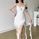 Asymmetrical Mesh Ruffle Dresses for Women Y2k Summer Sexy Spaghetti Strap Backless Mini Dress Black White
