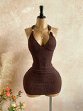 Pbong  Brown Textured Halter Mini Dress with V-Neck and Waist Chain Detail