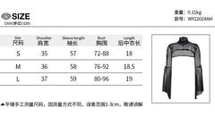 Black Mesh T-shirt Gothic Street Lace-up Punk Ring Flared Sleeves Eyelet Pullover Outer Harajuku Vintage Women Top