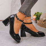 Pbong  Ankle Strap Chunky Heel Mary Janes Pumps Women Fashion Black Patent Leather Dress Shoes Woman Elegant Round Toe High Heels Pumps