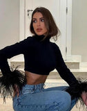 Women's Basic Black T-shirts Ladies Turtleneck Crop Tops Fit Skinny Tops Long Sleeve Ostrich Feather Streetwear Outfits