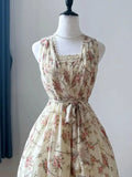 Summer Japan Style Sweet Print Slim Strap Dress 2000s Lace Patchwork One Piece Dress Korean Harajuku Vintage Beach Party Dress