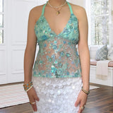 Pbong  Women Flower Sequined Tank Top Halter V Neck Backless Tie-up Camisole Fashion Sexy Club Vest Summer