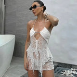 See Through Lace Hollow Out Sexy Two Piece Sets Women Halter Crop Tops And Mini Skirt Female Beach Club Skirt Sets