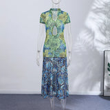 Pbong  Sexy Print Hollow Out Women's Dress Pleated Patchwork Hip Package Sleeveless Female Dresses Summer Party Lady Robe New