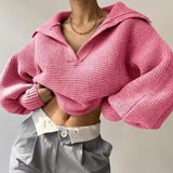 Pbong  New Women's Faion Knitted Sweater Lapel Pullover Blouse Svel Autumn Season Other Material 00% Ladies Knitwear