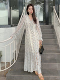 Korean Floral Print Sweet Long Dress 2025 New V-neck Ruffle Chic Spring Dress Lantern Sleeve Slit Fashion Vacation Summer Dress