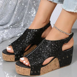 Pbong  Cross-Border Women's Flat Roman Sandals Sequin Fishmouth Bright Slippers Thick Heel Large Size Comfortable Summer Sandals
