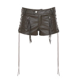 Pbong  Safari Style Bandage Pu Leather Shorts Sexy Slim Pocket Low-Waisted Shorts Women Summer Fashion Streetwear Punk Style Lady
