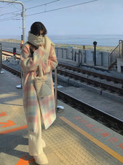 Winter Rainbow Woollen Coats Women Casual Warm Loose Plaid Long Coats Female Korean Fashion Office Lady Trench Jackets Y2k