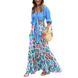 Pbong  Women's Summer Y2K Flowy Boho Vintage Aesthetic Printed Ruffled Hem Tassels Drawstring Waist Flowy A-Line Long Skirts