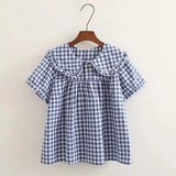 New Autumn Cotton White Shirts Women Student Sweet Tops Girl Peter Pan Collar Plaid Casual Cute Loose Blouses Spring T39132QM