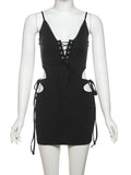 Sexy Metal Rings Dress Women Lace-Up Hollow Cross Backless Lace Edges Tassel Sleeveless Thin Midnight Club Mini Bodycon