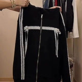 American Vintage Fashion Popular Patchwork Lace Appliques Coats Y2k Aesthetic Punk All Match Cardigan Streetwear Loose Clothing