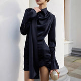 Pbong  New Autumn and Winter Advanced Light Luxury Flared Sleeve Dress Women's Elegant Pleated Date Party Evening Solid Dress