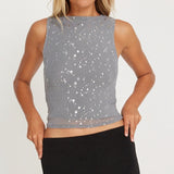 Silver Foil Print Tank Tops Summer Sleeveless Bodycon Shirt Vest Ladies O Neck Slim Fit Crop Tops Women Casual Going Out Clothes