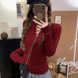 Half Lace Up Sweater for Women Long Sleeve Slim Fit Knitted Tops Pullovers Femal Lace-up Jumper Autumn Winter Y2K Outfit