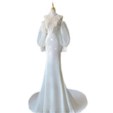 Pbong  Retro Lace Light Wedding Dr New Satin Fi Tail Gown Ele Bride Outdoors Welcoming Guest Light High Waist