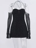 Pbong  Off Shoulder Full Sleeves Sparkly Dress Sexy Halter Mini Dresses For Women Party Night Blackless Slim Fit Vestidos Mujer