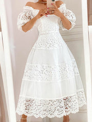 White Floral Print Dress Women Summer Elegant Puff Sleeve Slash Neck Dress Lace Stitching Slim Party Prom Wedding Long Dresses