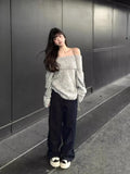 Off Shoulder Sweater for Women Long Sleeve Ribbed Knit Off-the-Shoulder Pullovers Jumper Tops Autumn Winter Y2K 90s Outfit