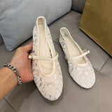 Pbong  Fashion Floral Embroidery Mesh Mary Janes Women Ballet Flats Comfortable Soft Soles Summer Casual Loafers Female Walking Shoes