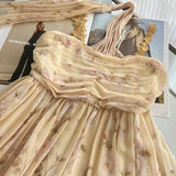 Pbong   Yellow Stretch Floral Sleeveless Dress for Women Summer Beach Sexy Spaghetti Strap Pleated Mini Dresses Vestidos Mujer New