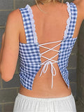 Women's Retro Plaid Tank Tops Sleeveless Button Down Lace Trim Cropped Tops Backless Bandage Casual Summer Vest Shirts New