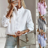 Pbong  Elegant Work Shirt Women's Ruffle Trim Button Up Long Sleeve Blouse Top Cotton Stand Collar