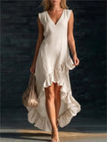 Pbong  Elegant Cotton Sleeveless Long Dresses For Women Summer Solid Color V-neck  Party Maxi Dress Casual