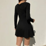 Black Square Neck A-Line Flare Sleeve Dress