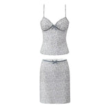 Leopard Print Bow Sexy Crop Top And Short Skirt Fashion Summer Outfits 2025 New Velvet Pathwork Camisole +skirt Two Piece Set