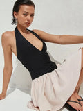 Halter V Neck Sexy Mini Dress Women Patchwork Contrast Colors Sleeveless Backless High Waist A-line Club Dress