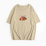 Bow And Horn Print White Summer T-shirt 2025 New Short Sleeve O-neck All-match Women Tee Top Streetwear Fashion Woman Clothing