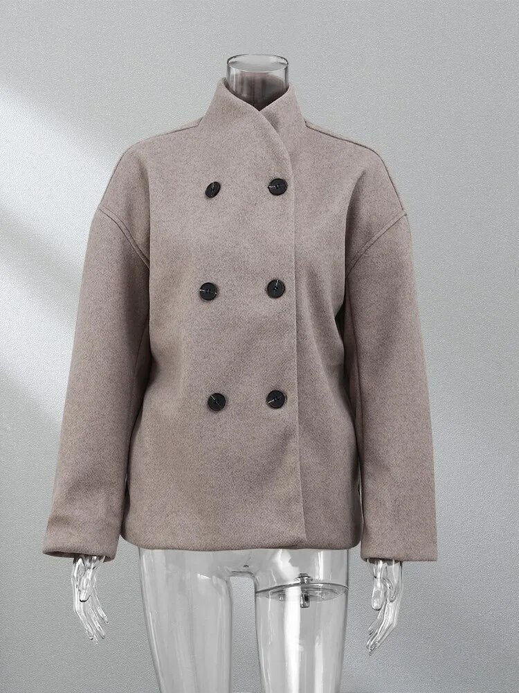 Elegant Woolen Trench Coat Winter For Women Vintage Windbreakers Jacket Loose Stand Collar Double Breasted Warm Wool Cardigan