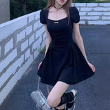 Black A-Line  Dress Women's Square Collar Pure Desire Fashion Design Slimming Waist Short Length Cotton Linen Blend