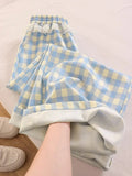 Sweet Lace Plaid Pants Women Patchwork Loose High Waist Wide Leg Trousers Japan Casual Lady Vintage Cute Spring New Pant