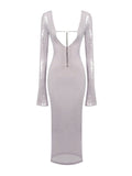 Sexy Deep V Long Sleeve Backless Sequins Long Dress Elegant Khaki Luxury Sequins Bodycon Maxi Dress Autumn Evening Party Dress