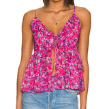 Womens Floral Ruffles Trim Camis Top Y2k V Neck Open Front Crop Tops Vest Beach Vacation Going Out Teen Girls Summer Tank Tops