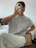 Pbong  Beaded Round Neck Knit Sweater Short Sleeve Cropped Loose Spring Women Elegant Casual Knit Top Fashion Trendy Ladies Jumper