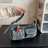 Pbong  Stylish Washed Denim Messenger Bag, Y2K Style Underarm Purse with Balloon Dog Charm Commuter Handbag Shoulder Bag for Women