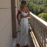 Sexy Backless Knitting White Long Dress Women's Square Collar Sleeveless Tank Dress New Summer Transprent Beach Holiday Vestidos