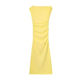 Wrinkle Slim Fit Slit Asymmetric Long Dress Fashion Slanted Shoulder Party Dress New Elegant Chic Yellow Tight Vestidos