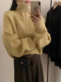 Women's Loose Knitted Pullovers Half Zipper Autumn and Winter Turtleneck Sweaters Casual Comfortable Full Sleeve Top
