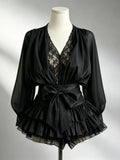 French Elegant Vintage Black Chiffon Dress Long Sleeve V Neck Autumn Women Sweet Dress Casual Holiday Evening Party Wear