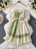 Pbong  Sweet Lace Splice Floral ter Dr Women's Summer Design Sense Waist Cinching Pleated Long Dr A-Line Silhouette V-Ne