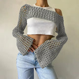 Pbong  New Harajuku Grunge Solid Slash Neck Women Crop Pullovers Y2k Aesthetic Knitted Sexy Sweaters Streetwear Hollow Out Autumn Tops
