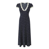 Pbong  Women Navy Blue Polka Dot Long Dress Lace Trim V Neck Short Sleeve A-line Elegant Holiday Dresses Summe Maxi Robe