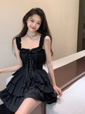 Sexy Slip Lolita Style Black Dress Women Vintage Sleeveless Y2K Mini Dress Summer Slim Sweet Korean Lace Up Cake Dress New