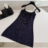 Pbong   Dark Blue Floral Dress Short Sexy Lace-up Bow Squared Collar Mini Dress Korean Chic Hot Girl Summer Beach Spaghetti Strap Dress